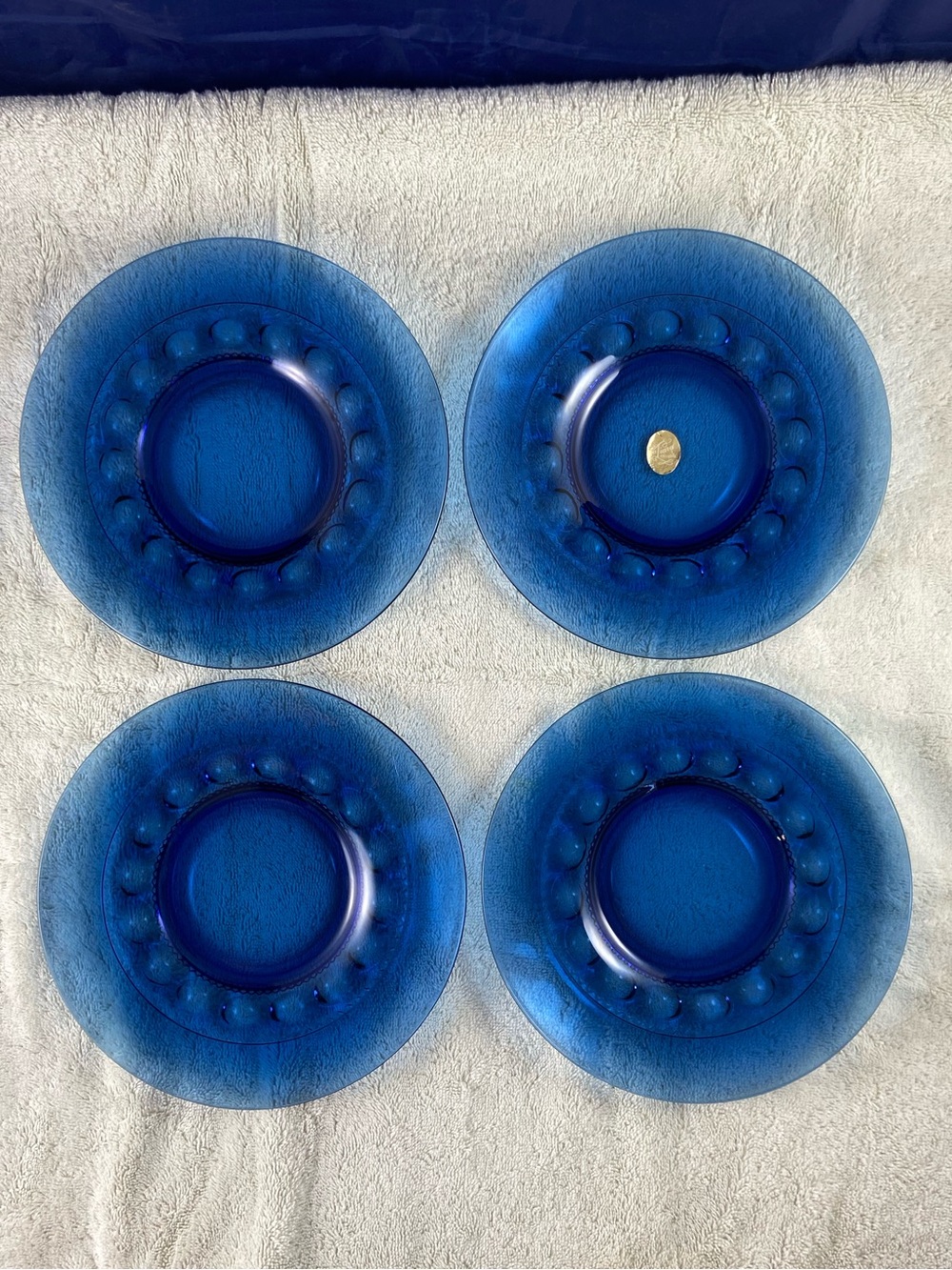 Vintage Tiara King's Crown 8.25”  Imperial Blue Thumbprint Salad Plates set of 4